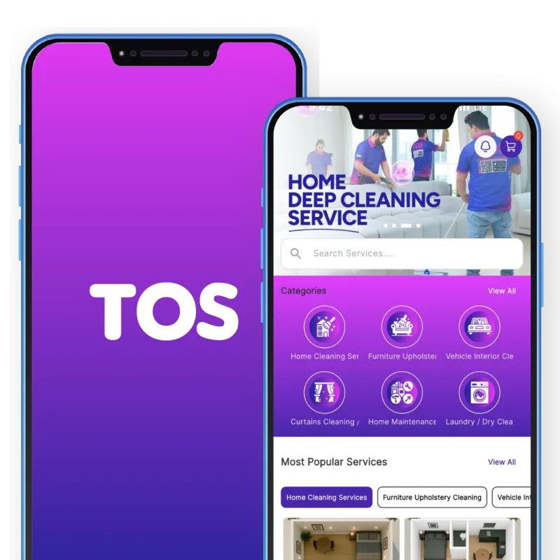 TOS app screens showing service categories and a booking confirmation